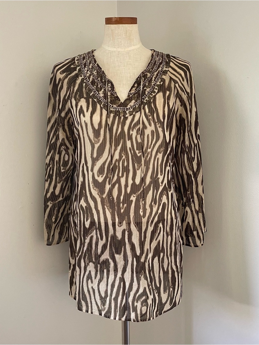 90’s Vintage Y2K Chico’s Brown Sheer beaded tunic blouse Small